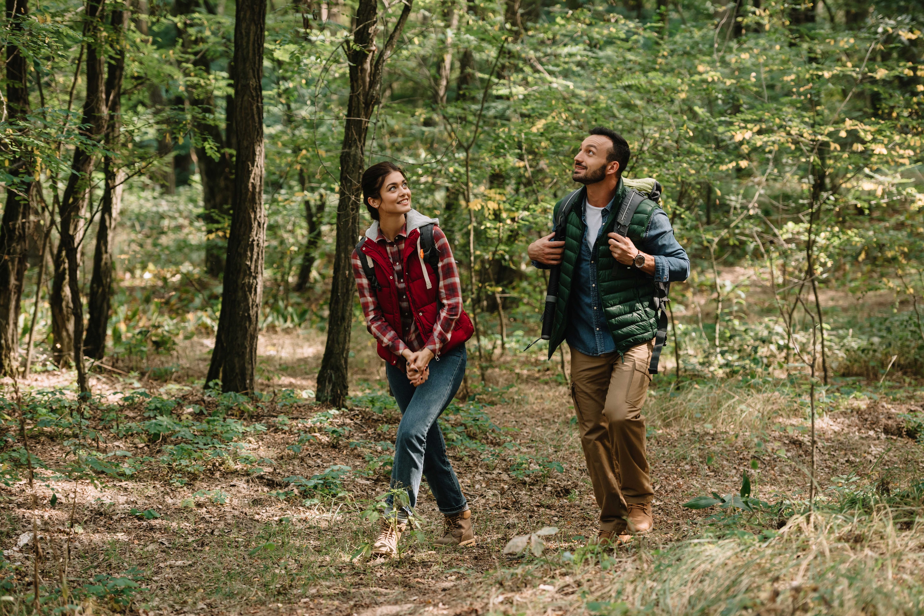 Couple hiking through the woods